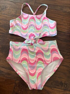 Girls' Pastel Wave Tie-Front One-Piece Swimsuit